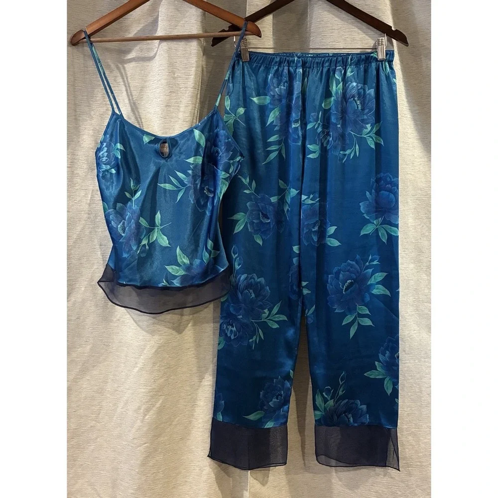 Vertigineux Y2K Floral Satin Pajama Cami Top and Pants Set Blue Small T-167